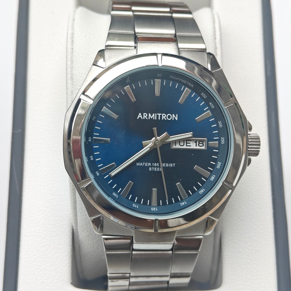Men's Armitron Silver Tone Stainless Steel Scuba Diver Watch Date Blue Dial New
